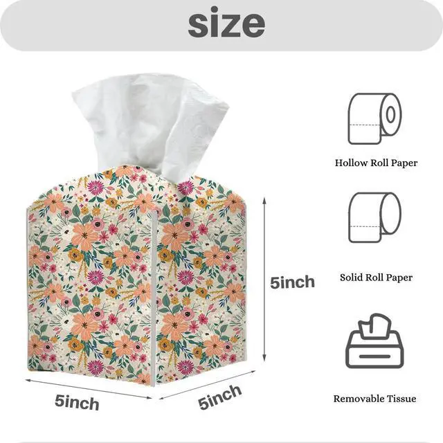 Alt view image 2 of 6 - Tissue Box Cover, Tissue Box Holder, Square with Belt Bottom, PU Leather Decorative Organizer for Desk, Countertop Bathroom, Living Room,Toilet Car, Office, Dresser Bedside, Aesthetic Floral Decor