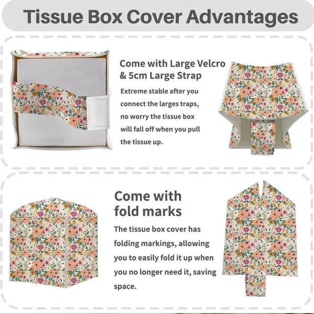 Alt view image 3 of 6 - Tissue Box Cover, Tissue Box Holder, Square with Belt Bottom, PU Leather Decorative Organizer for Desk, Countertop Bathroom, Living Room,Toilet Car, Office, Dresser Bedside, Aesthetic Floral Decor