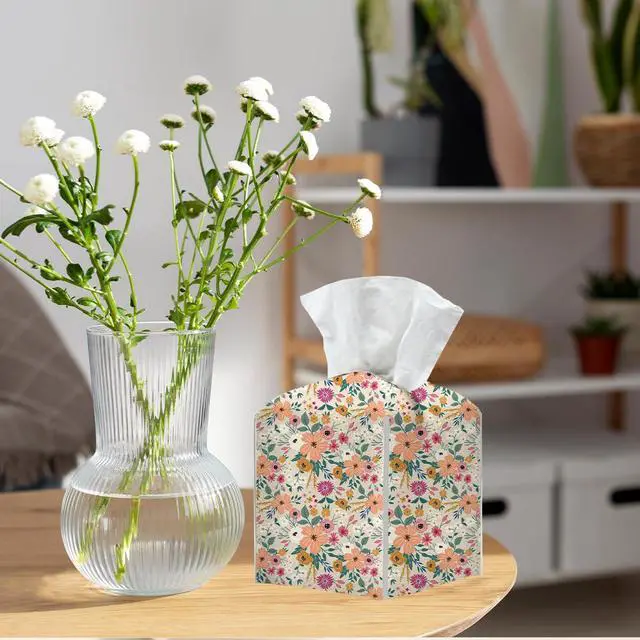Alt view image 4 of 6 - Tissue Box Cover, Tissue Box Holder, Square with Belt Bottom, PU Leather Decorative Organizer for Desk, Countertop Bathroom, Living Room,Toilet Car, Office, Dresser Bedside, Aesthetic Floral Decor
