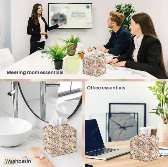 Alt view image 6 of 6 - Tissue Box Cover, Tissue Box Holder, Square with Belt Bottom, PU Leather Decorative Organizer for Desk, Countertop Bathroom, Living Room,Toilet Car, Office, Dresser Bedside, Aesthetic Floral Decor
