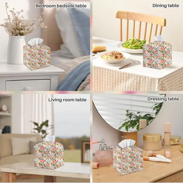 Alt view image 5 of 6 - Tissue Box Cover, Tissue Box Holder, Square with Belt Bottom, PU Leather Decorative Organizer for Desk, Countertop Bathroom, Living Room,Toilet Car, Office, Dresser Bedside, Aesthetic Floral Decor