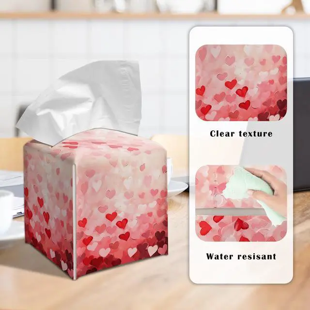 Alt view image 3 of 5 - Valentines Day Decor Heart Pattern Tissue Box Cover,Universal 5.2 Inch Leather Cube for Home Bathroom Countertop,Valentines Gift for Her or Him.(014)