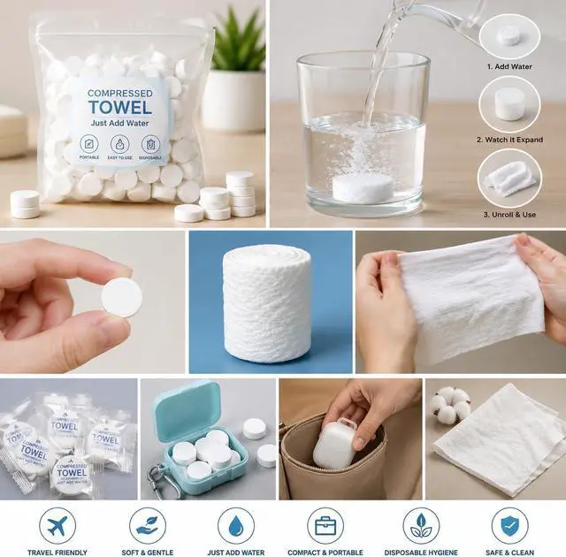 Alt view image 3 of 4 - Compressed Tissue Tablets Portable Disposable Cotton Towels, Expand with Water, Soft Travel Facial Cleaning Tissue, Compact Multipurpose Wipes for Home, Travel, Outdoor (Set of 6)