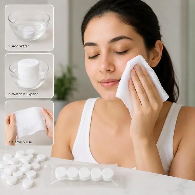 Alt view image 4 of 4 - Compressed Tissue Tablets Portable Disposable Cotton Towels, Expand with Water, Soft Travel Facial Cleaning Tissue, Compact Multipurpose Wipes for Home, Travel, Outdoor (Set of 6)