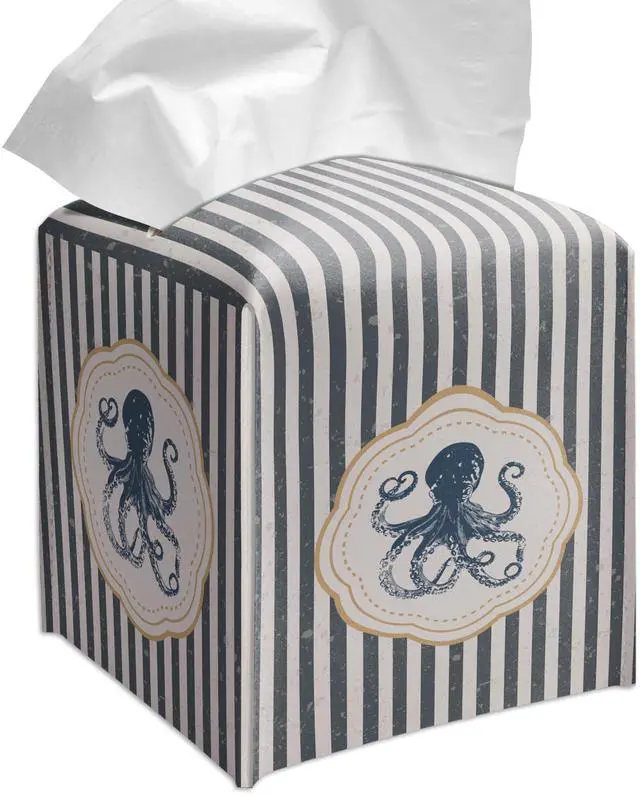 Main image of Cute Octopus Tissue Box Cover Square, Striped Cube Case for Facial Tissues, 5.2" PU Leather(066)