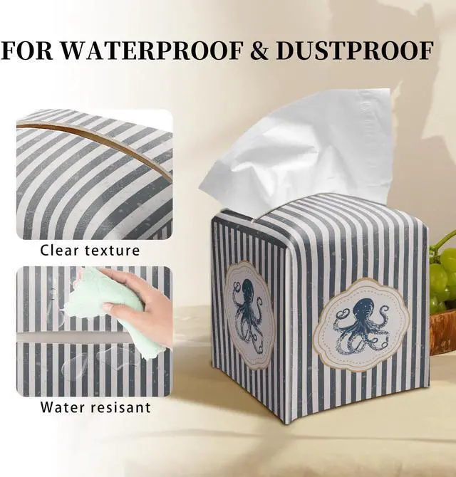 Alt view image 3 of 6 - Cute Octopus Tissue Box Cover Square, Striped Cube Case for Facial Tissues, 5.2" PU Leather(066)