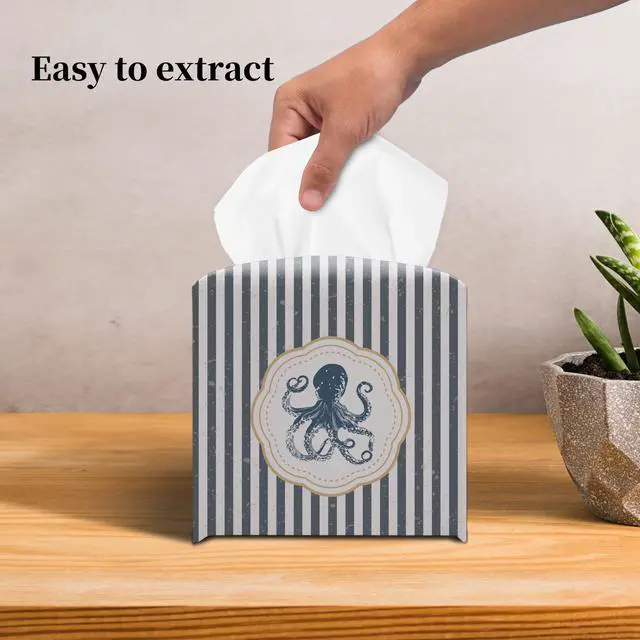 Alt view image 5 of 6 - Cute Octopus Tissue Box Cover Square, Striped Cube Case for Facial Tissues, 5.2" PU Leather(066)