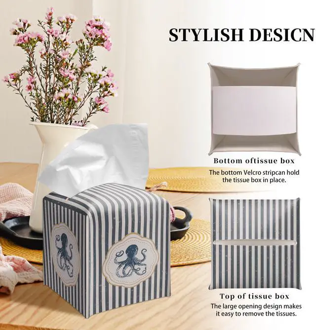 Alt view image 4 of 6 - Cute Octopus Tissue Box Cover Square, Striped Cube Case for Facial Tissues, 5.2" PU Leather(066)