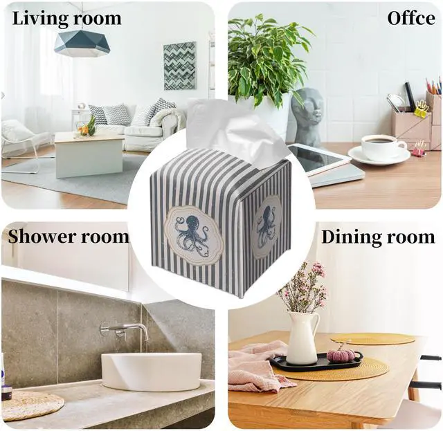 Alt view image 6 of 6 - Cute Octopus Tissue Box Cover Square, Striped Cube Case for Facial Tissues, 5.2" PU Leather(066)