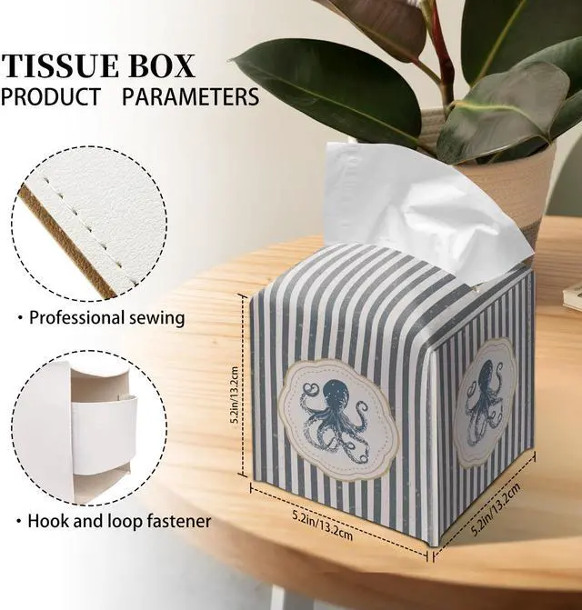Alt view image 2 of 6 - Cute Octopus Tissue Box Cover Square, Striped Cube Case for Facial Tissues, 5.2" PU Leather(066)