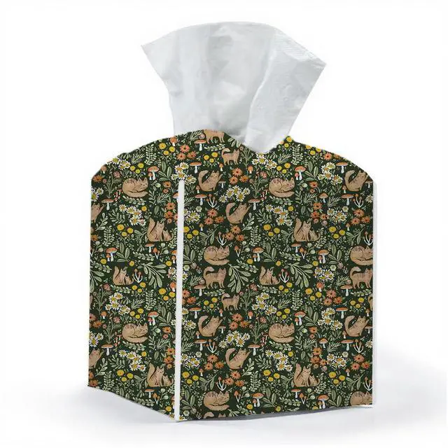 Main image of Tissue Box Cover, Tissue Box Holder, Square with Belt Bottom, PU Leather Decorative Organizer for Desk, Tabletop, Bathroom, Toilet Car, Office, Dresser Bedside, Aesthetic Plants Flowers Cat Decor