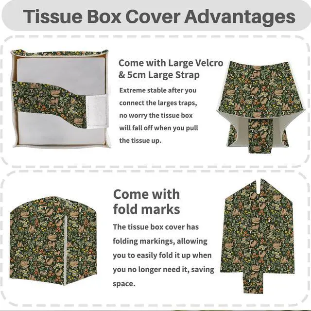 Alt view image 3 of 6 - Tissue Box Cover, Tissue Box Holder, Square with Belt Bottom, PU Leather Decorative Organizer for Desk, Tabletop, Bathroom, Toilet Car, Office, Dresser Bedside, Aesthetic Plants Flowers Cat Decor