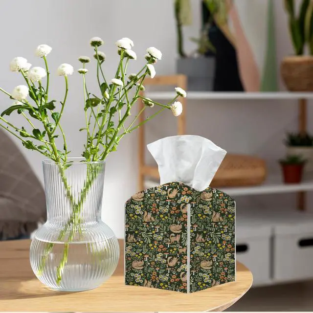 Alt view image 4 of 6 - Tissue Box Cover, Tissue Box Holder, Square with Belt Bottom, PU Leather Decorative Organizer for Desk, Tabletop, Bathroom, Toilet Car, Office, Dresser Bedside, Aesthetic Plants Flowers Cat Decor