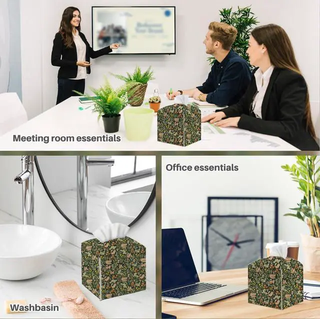 Alt view image 6 of 6 - Tissue Box Cover, Tissue Box Holder, Square with Belt Bottom, PU Leather Decorative Organizer for Desk, Tabletop, Bathroom, Toilet Car, Office, Dresser Bedside, Aesthetic Plants Flowers Cat Decor