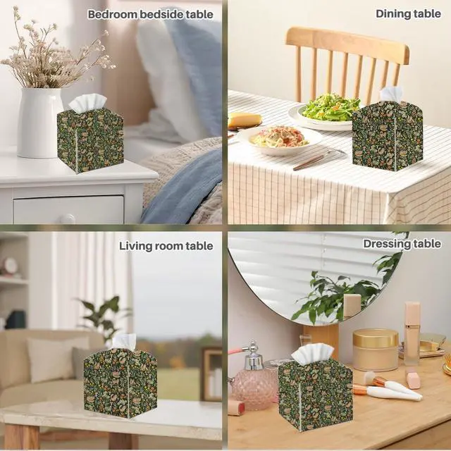 Alt view image 5 of 6 - Tissue Box Cover, Tissue Box Holder, Square with Belt Bottom, PU Leather Decorative Organizer for Desk, Tabletop, Bathroom, Toilet Car, Office, Dresser Bedside, Aesthetic Plants Flowers Cat Decor
