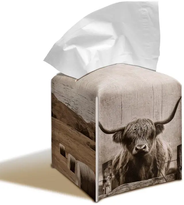 Main image of Highland Cow Tissue Box Cover, 5.2 Inch PU Leather Square Holder