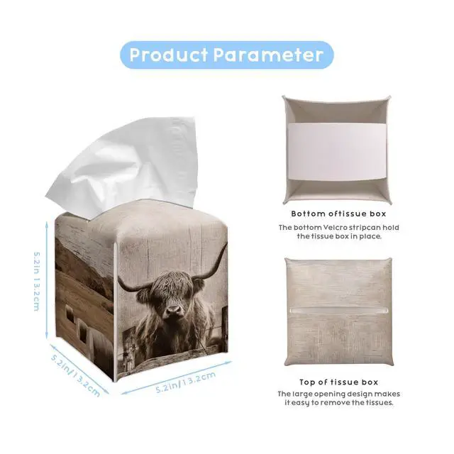 Alt view image 2 of 7 - Highland Cow Tissue Box Cover, 5.2 Inch PU Leather Square Holder