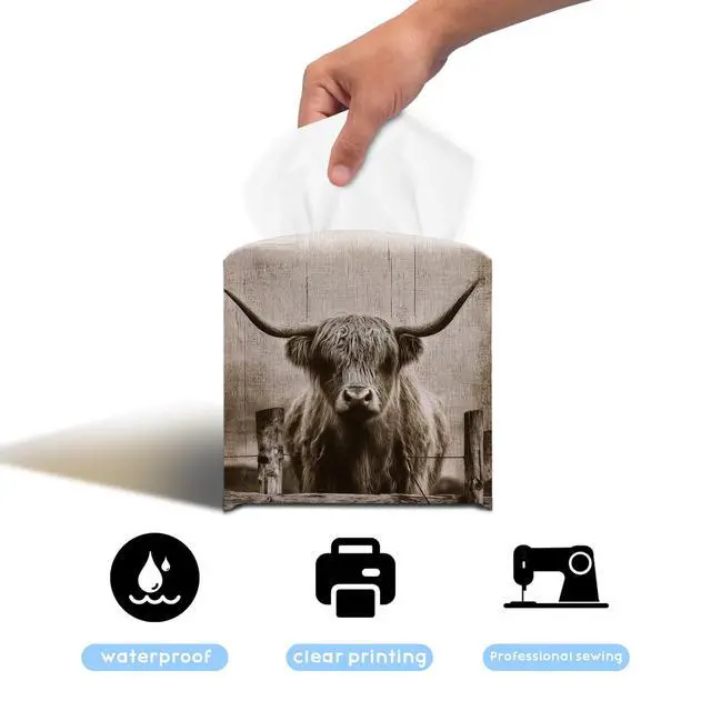 Alt view image 5 of 7 - Highland Cow Tissue Box Cover, 5.2 Inch PU Leather Square Holder