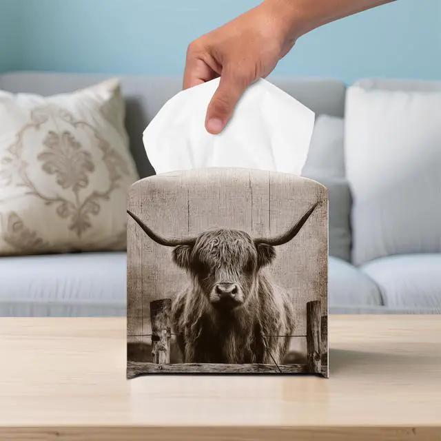 Alt view image 6 of 7 - Highland Cow Tissue Box Cover, 5.2 Inch PU Leather Square Holder