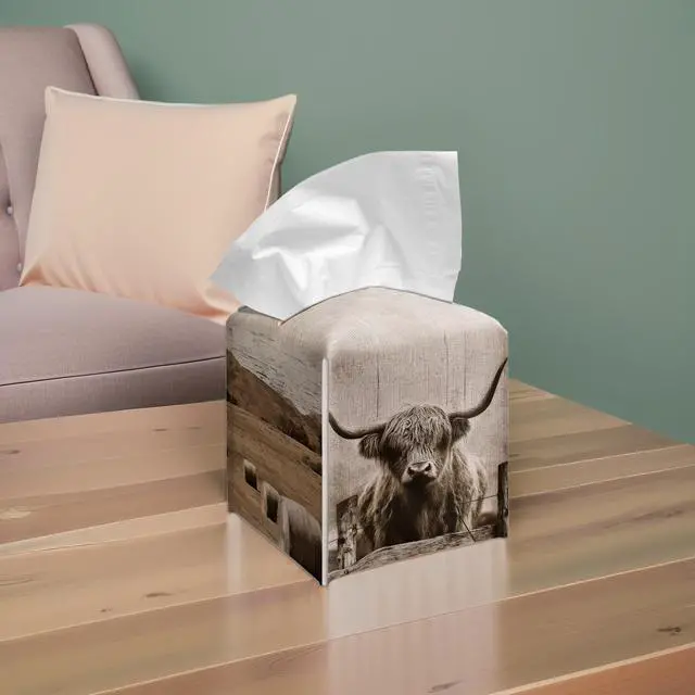 Alt view image 7 of 7 - Highland Cow Tissue Box Cover, 5.2 Inch PU Leather Square Holder