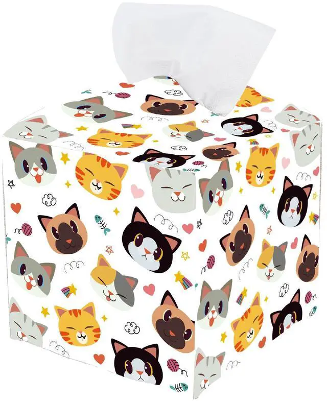 Main image of Cat Tissue Box Cover Square Leather Tissue Box Holder Cute Cat Face Waterproof Facial Paper Organizer Dispenser for Bathroom Bedroom Kitchen Vanity Home Car Desk Countertop Night Stands
