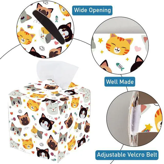 Alt view image 4 of 7 - Cat Tissue Box Cover Square Leather Tissue Box Holder Cute Cat Face Waterproof Facial Paper Organizer Dispenser for Bathroom Bedroom Kitchen Vanity Home Car Desk Countertop Night Stands