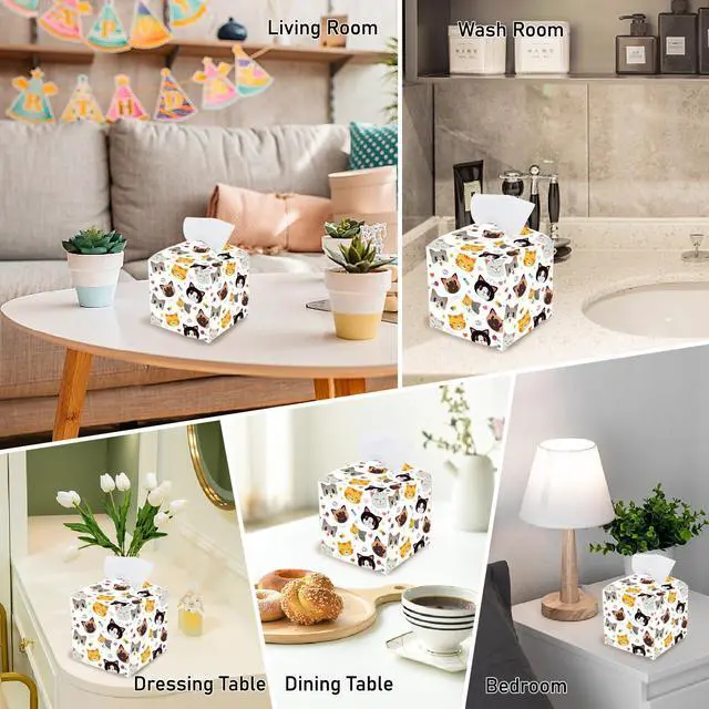Alt view image 6 of 7 - Cat Tissue Box Cover Square Leather Tissue Box Holder Cute Cat Face Waterproof Facial Paper Organizer Dispenser for Bathroom Bedroom Kitchen Vanity Home Car Desk Countertop Night Stands