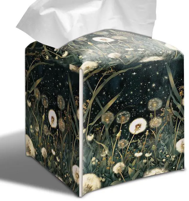 Main image of Moody Vintage Dandelion Floral Tissue Box Cover, Dark Botanical Wildflower Modern Gothic Cube Case Organizer Facial Tissues for Bathroom Tabletop Kitchen Office Decorative, 5.2" PU Leather.