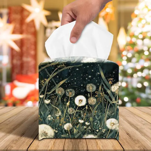 Alt view image 2 of 6 - Moody Vintage Dandelion Floral Tissue Box Cover, Dark Botanical Wildflower Modern Gothic Cube Case Organizer Facial Tissues for Bathroom Tabletop Kitchen Office Decorative, 5.2" PU Leather.