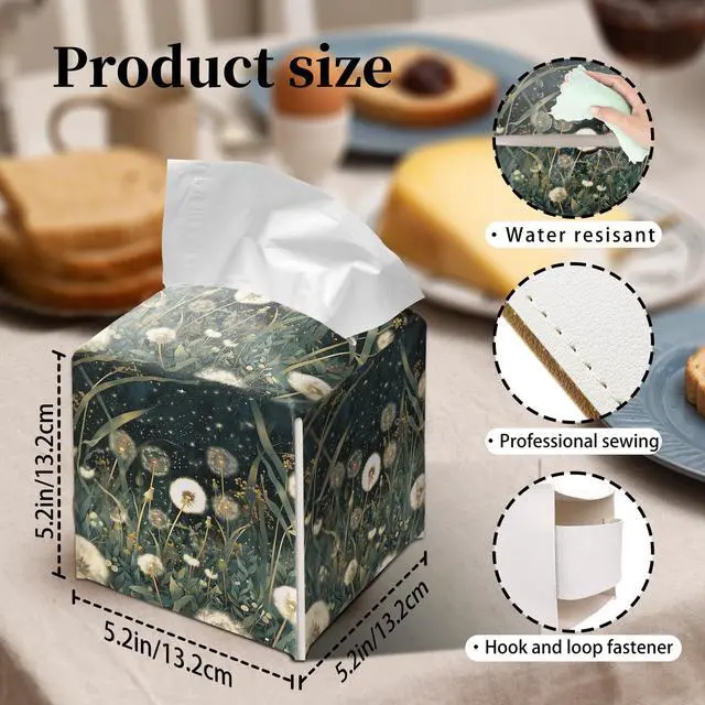 Alt view image 3 of 6 - Moody Vintage Dandelion Floral Tissue Box Cover, Dark Botanical Wildflower Modern Gothic Cube Case Organizer Facial Tissues for Bathroom Tabletop Kitchen Office Decorative, 5.2" PU Leather.