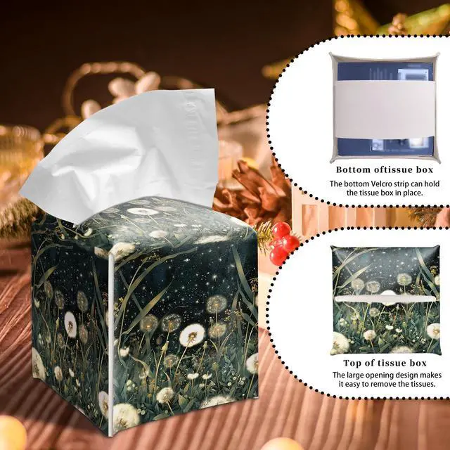 Alt view image 4 of 6 - Moody Vintage Dandelion Floral Tissue Box Cover, Dark Botanical Wildflower Modern Gothic Cube Case Organizer Facial Tissues for Bathroom Tabletop Kitchen Office Decorative, 5.2" PU Leather.