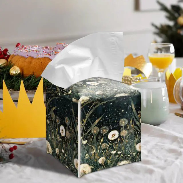 Alt view image 5 of 6 - Moody Vintage Dandelion Floral Tissue Box Cover, Dark Botanical Wildflower Modern Gothic Cube Case Organizer Facial Tissues for Bathroom Tabletop Kitchen Office Decorative, 5.2" PU Leather.