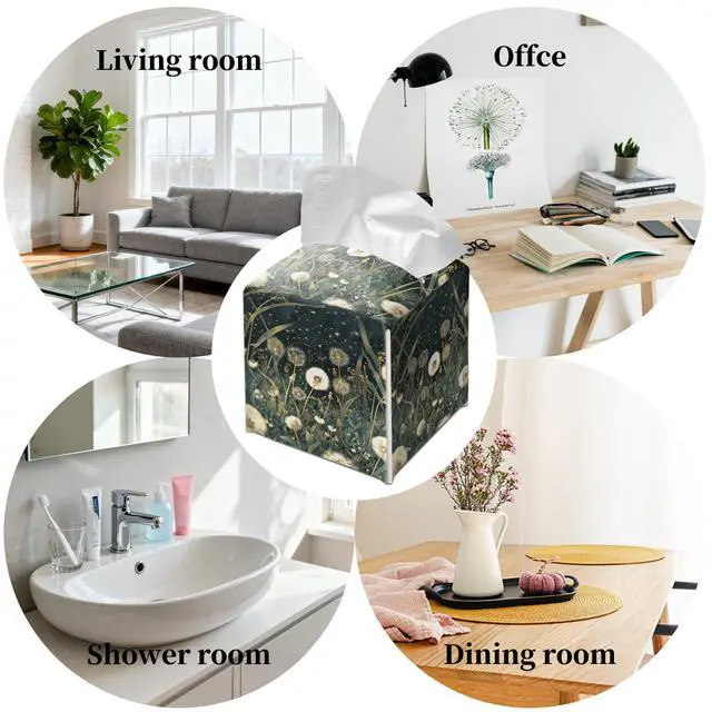 Alt view image 6 of 6 - Moody Vintage Dandelion Floral Tissue Box Cover, Dark Botanical Wildflower Modern Gothic Cube Case Organizer Facial Tissues for Bathroom Tabletop Kitchen Office Decorative, 5.2" PU Leather.