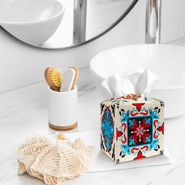Alt view image 3 of 5 - Tissue Box Cover Holder Square - Colorful Boho Floral PU Leather Tissue Box Cover with Bottom Belt, Facial Paper Dispenser for Tabletop, Bathroom, Kitchen, Car & Office -035