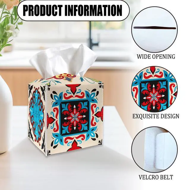Alt view image 2 of 5 - Tissue Box Cover Holder Square - Colorful Boho Floral PU Leather Tissue Box Cover with Bottom Belt, Facial Paper Dispenser for Tabletop, Bathroom, Kitchen, Car & Office -035