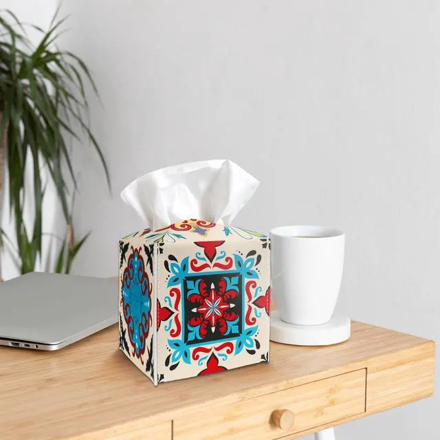 Alt view image 4 of 5 - Tissue Box Cover Holder Square - Colorful Boho Floral PU Leather Tissue Box Cover with Bottom Belt, Facial Paper Dispenser for Tabletop, Bathroom, Kitchen, Car & Office -035