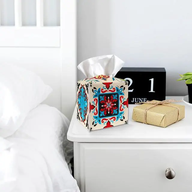 Alt view image 5 of 5 - Tissue Box Cover Holder Square - Colorful Boho Floral PU Leather Tissue Box Cover with Bottom Belt, Facial Paper Dispenser for Tabletop, Bathroom, Kitchen, Car & Office -035