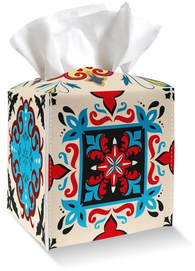 Main image of Tissue Box Cover Holder Square - Colorful Boho Floral PU Leather Tissue Box Cover with Bottom Belt, Facial Paper Dispenser for Tabletop, Bathroom, Kitchen, Car & Office -035
