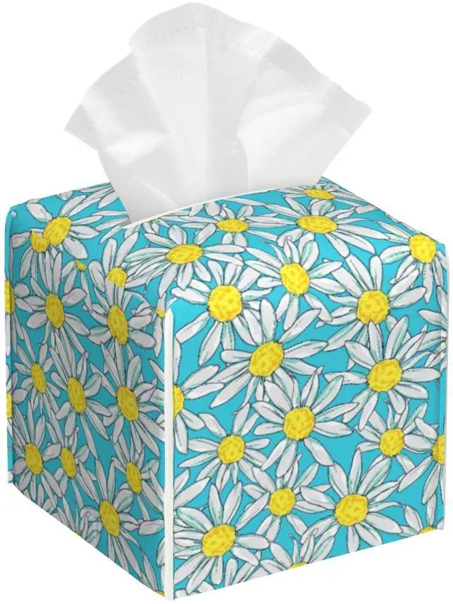 Main image of Camomile Daisy Tissue Box Cover,Tissue Box Holder Square with Bottom Belt,Waterproof Leather Organizer Portable Decorative Facial Paper for Bedroom Dresser Night Stand Office Desk,5.2" x 5.2" x 5.2"