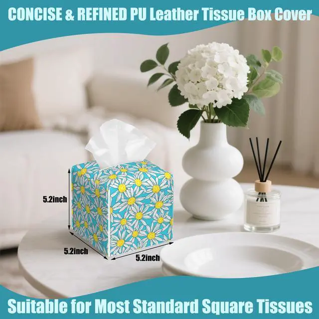 Alt view image 2 of 7 - Camomile Daisy Tissue Box Cover,Tissue Box Holder Square with Bottom Belt,Waterproof Leather Organizer Portable Decorative Facial Paper for Bedroom Dresser Night Stand Office Desk,5.2" x 5.2" x 5.2"