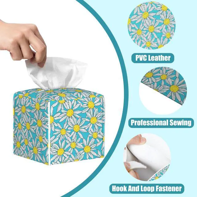 Alt view image 3 of 7 - Camomile Daisy Tissue Box Cover,Tissue Box Holder Square with Bottom Belt,Waterproof Leather Organizer Portable Decorative Facial Paper for Bedroom Dresser Night Stand Office Desk,5.2" x 5.2" x 5.2"