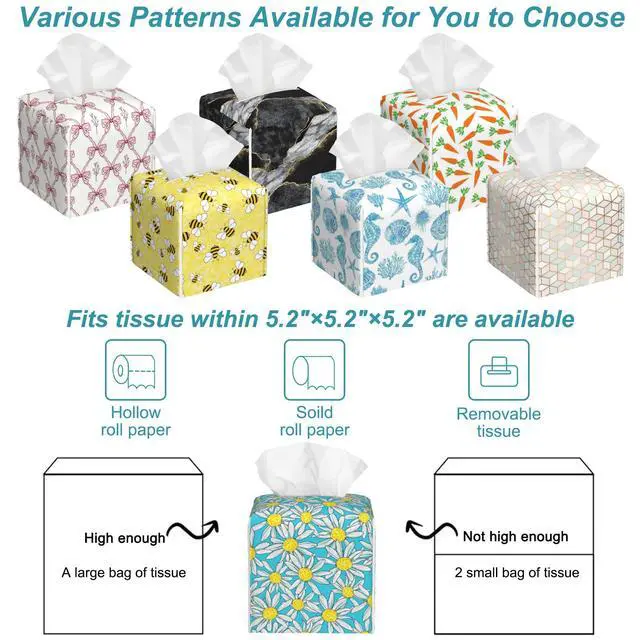 Alt view image 6 of 7 - Camomile Daisy Tissue Box Cover,Tissue Box Holder Square with Bottom Belt,Waterproof Leather Organizer Portable Decorative Facial Paper for Bedroom Dresser Night Stand Office Desk,5.2" x 5.2" x 5.2"