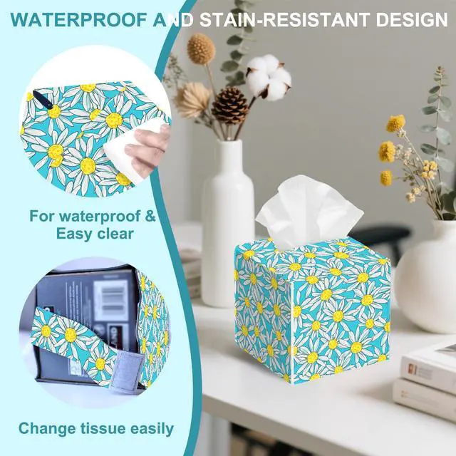 Alt view image 4 of 7 - Camomile Daisy Tissue Box Cover,Tissue Box Holder Square with Bottom Belt,Waterproof Leather Organizer Portable Decorative Facial Paper for Bedroom Dresser Night Stand Office Desk,5.2" x 5.2" x 5.2"