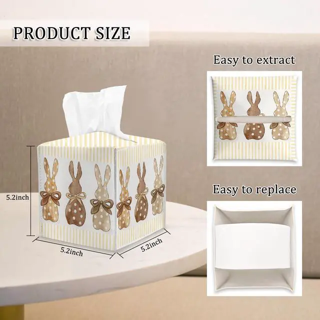 Alt view image 2 of 5 - Easter Rabbit Tissue Box Cover Square, Watercolor Cube Tissue Box Holder, Indoor Spring Easter Decorations for Home Table Decor Leather Facial Paper Organizer for Bathroom Night Stand Living Room/17