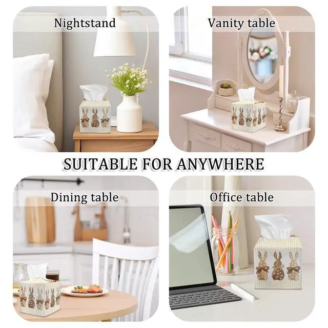 Alt view image 5 of 5 - Easter Rabbit Tissue Box Cover Square, Watercolor Cube Tissue Box Holder, Indoor Spring Easter Decorations for Home Table Decor Leather Facial Paper Organizer for Bathroom Night Stand Living Room/17