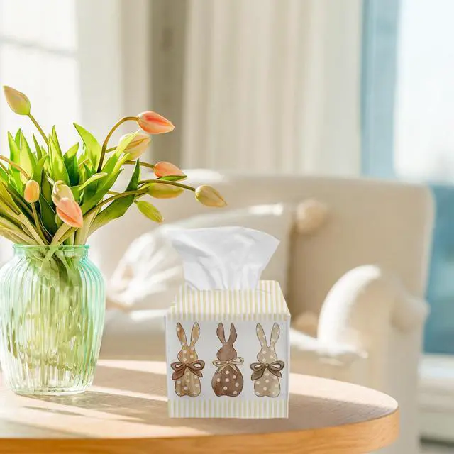 Alt view image 4 of 5 - Easter Rabbit Tissue Box Cover Square, Watercolor Cube Tissue Box Holder, Indoor Spring Easter Decorations for Home Table Decor Leather Facial Paper Organizer for Bathroom Night Stand Living Room/17