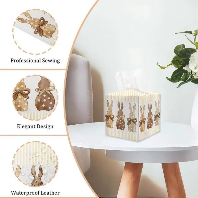 Alt view image 3 of 5 - Easter Rabbit Tissue Box Cover Square, Watercolor Cube Tissue Box Holder, Indoor Spring Easter Decorations for Home Table Decor Leather Facial Paper Organizer for Bathroom Night Stand Living Room/17