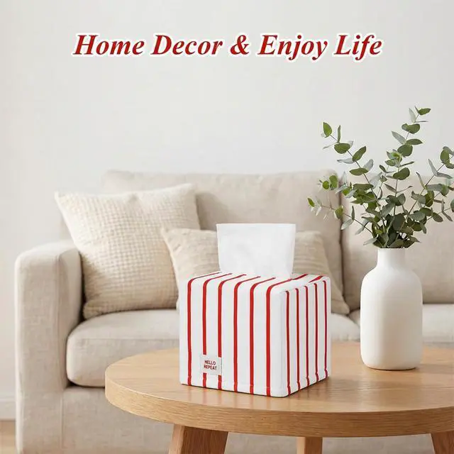 Alt view image 4 of 7 - Cube Tissue Box Cover, Red Stripe Tissue Box Cover Stylish Toilet Paper Organizer for Home Bedroom Living Room Bathroom Office, 5''x5''x5''