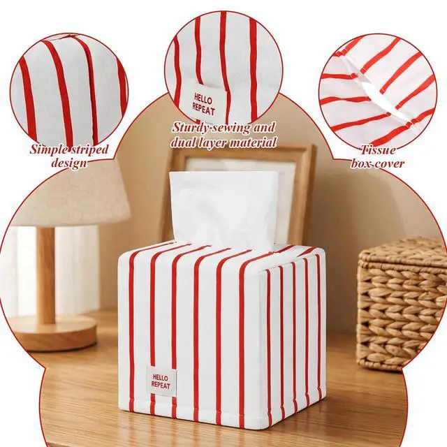 Alt view image 3 of 7 - Cube Tissue Box Cover, Red Stripe Tissue Box Cover Stylish Toilet Paper Organizer for Home Bedroom Living Room Bathroom Office, 5''x5''x5''