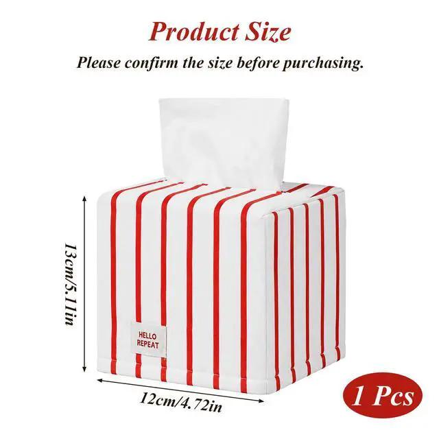 Alt view image 2 of 7 - Cube Tissue Box Cover, Red Stripe Tissue Box Cover Stylish Toilet Paper Organizer for Home Bedroom Living Room Bathroom Office, 5''x5''x5''